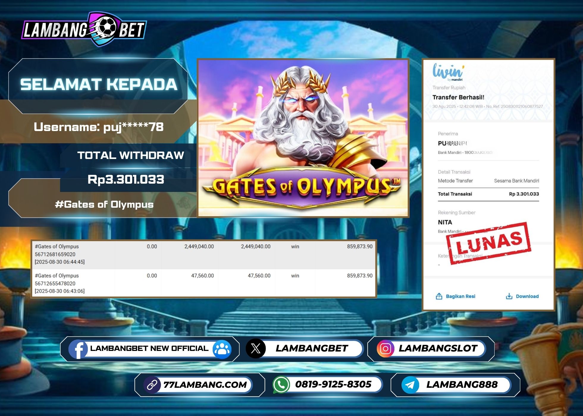 LAMBANGBET [30 AUGUST 2025] JACKPOT SLOT Gates of Olympus "Rp3.301.033" LUNAS